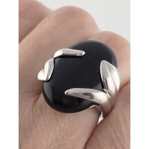 Oval Cabochon Black Onyx Ring, Sterling Silver 6 Signed FAS